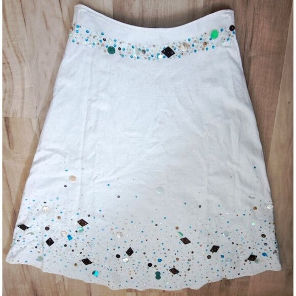 Basil & Maude 8 Linen Blend A-Line Side Zip Skirt Sequins Beads Boho - Picture 6 of 14